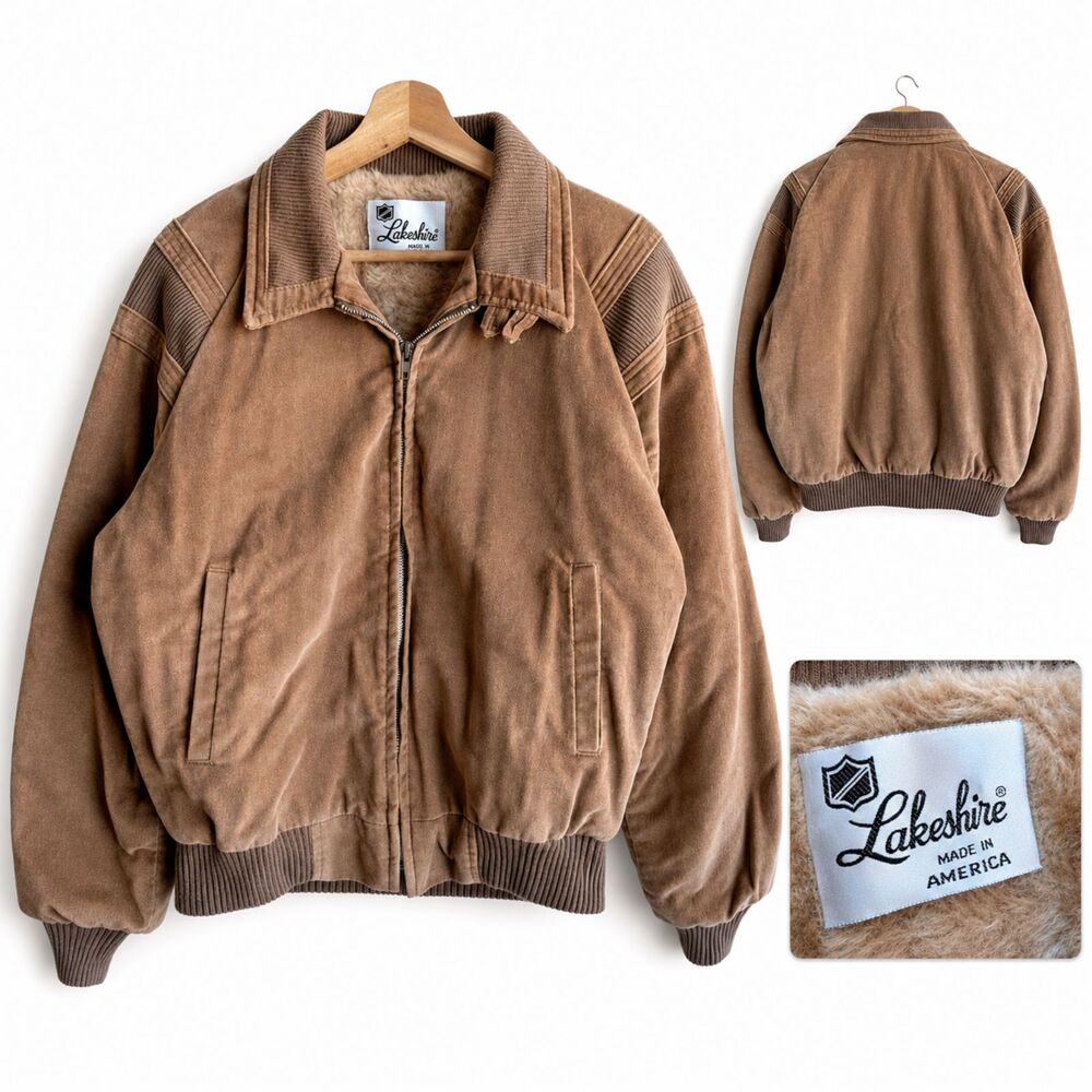 VTG 70s Lakeshire Brown Corduroy Fur Lined Lined Full Zip Bomber Jacket Medium